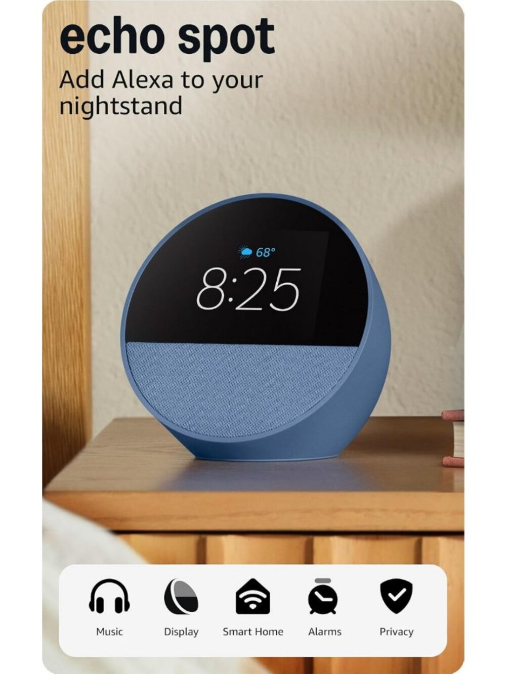 Smart Alarm Clock with Alexa, Ocean Blue - Perfect for Nightstands & Offices